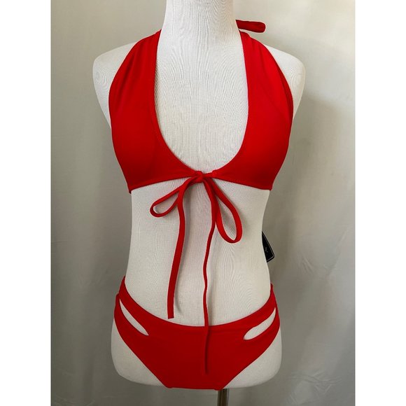Zaful Other - ZAFUL Red Tie Front Bikini Top w/ Matching Peek-a-Boo Racing Style Bikini Bottom